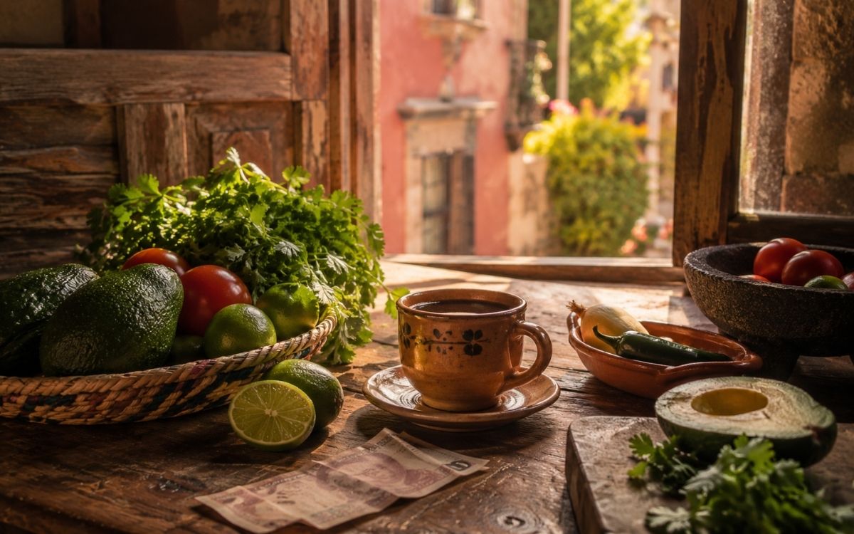Mexican kitchen still life in San Miguel: fresh market produce, peso notes, coffee cup, colonial wooden window with golden light