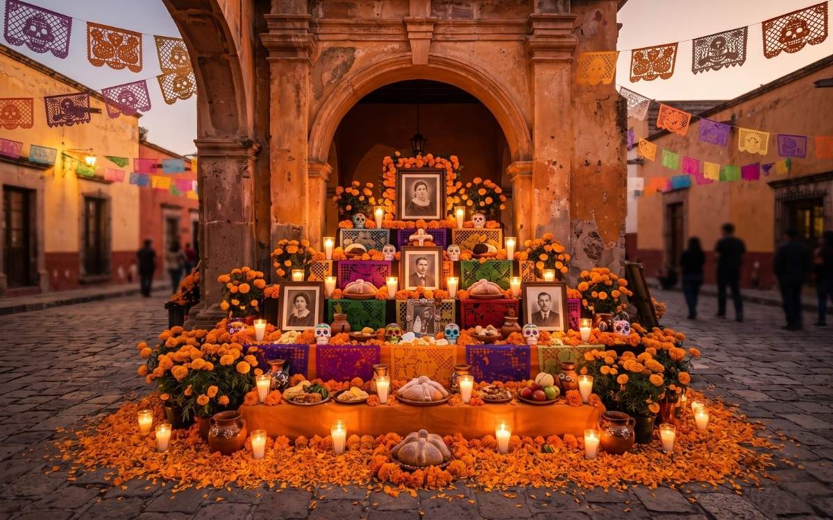 Elaborate San Miguel de Allende Day of the Dead altar at dusk with marigolds, candles, pan de muerto, and sugar skulls against a colonial wall