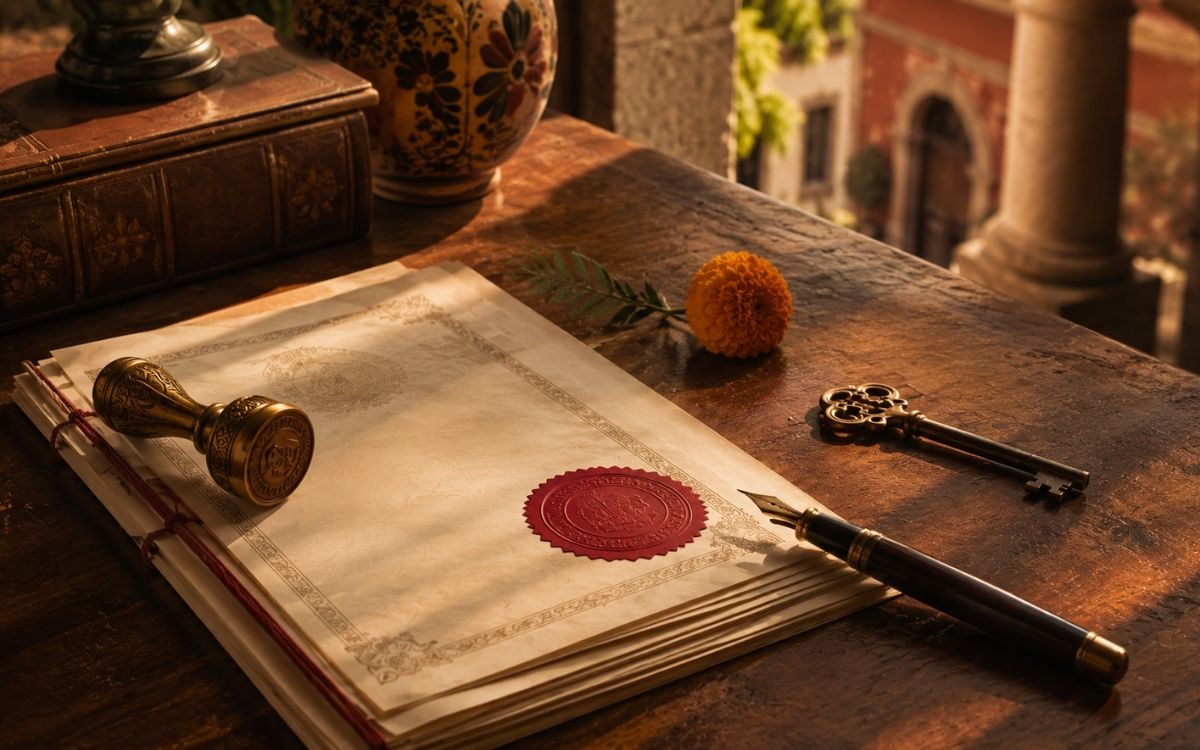 Mexican notary desk with property deed documents, brass seal stamp, fountain pen and a marigold flower in golden afternoon light
