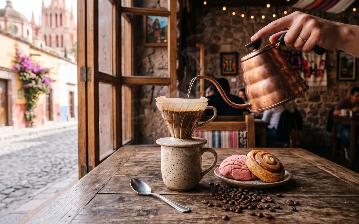 Pour-over coffee being poured into a ceramic cup on a rustic wooden café table in San Miguel de Allende with fresh Mexican beans