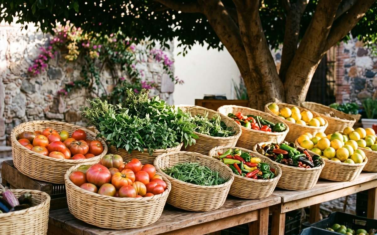 Colorful organic farmers market stall at TOSMA San Miguel with baskets of fresh produce under dappled tree shade