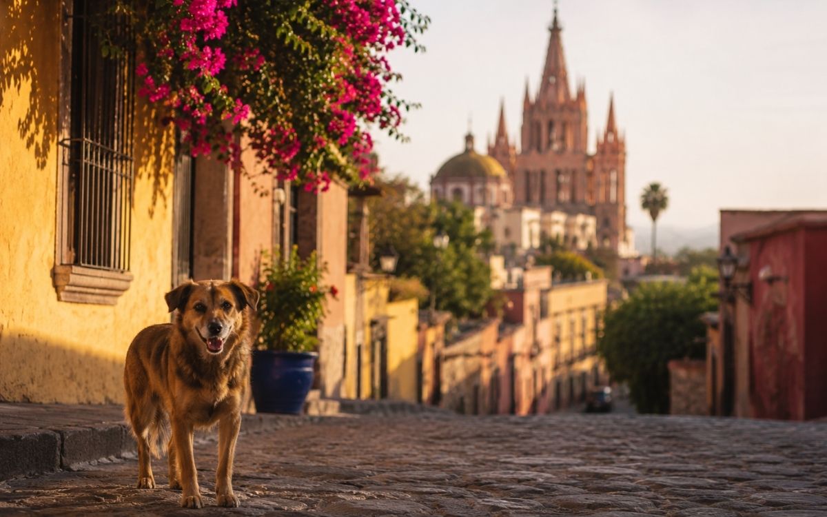 A friendly dog on the cobblestone streets of San Miguel de Allende with the pink Parroquia cathedral in the warm golden-hour background