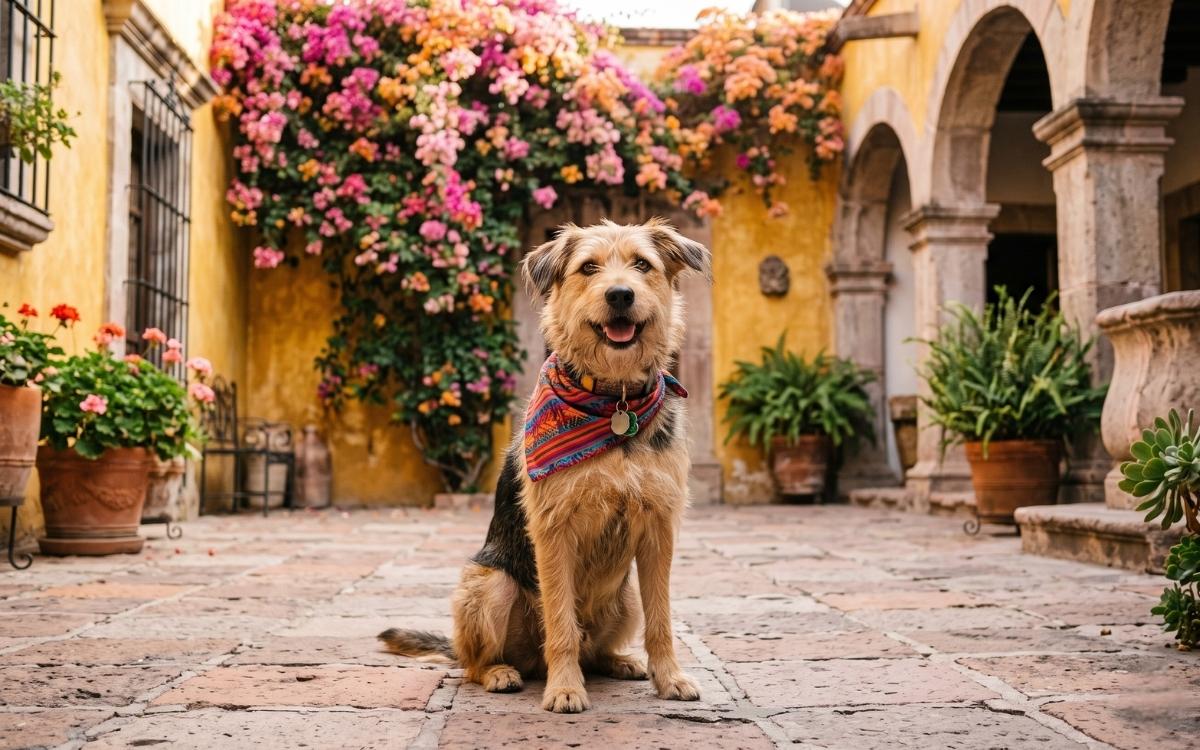 Happy rescued mixed-breed Mexican dog with a colorful bandana sitting in a sunlit San Miguel colonial courtyard with bougainvillea