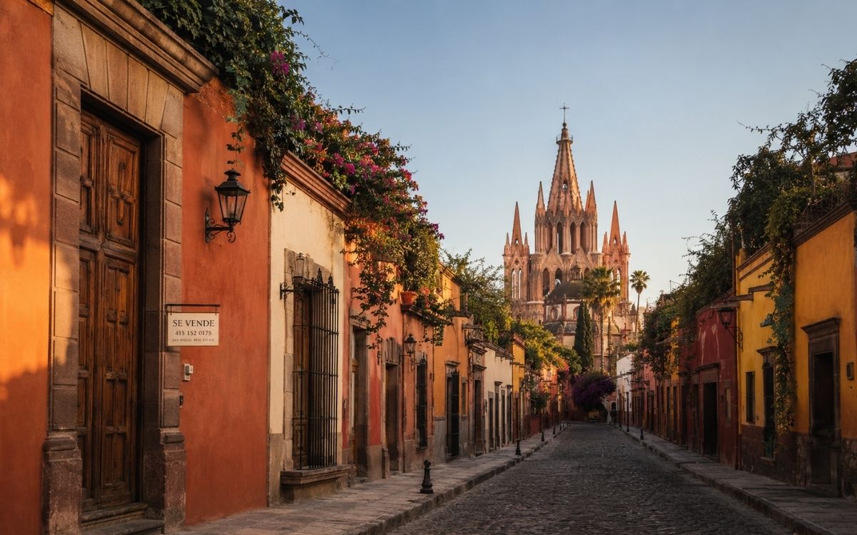 A cobblestone street in San Miguel de Allende leading toward the pink Parroquia cathedral, with colonial colored facades in warm golden-hour light