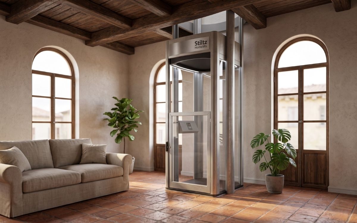 A modern compact home elevator in a beautiful San Miguel de Allende colonial home interior, with exposed beams, terracotta floors, soft afternoon light